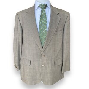 Lands End Mens 46R Blazer Sport Coat‎ Tan Plaid Wool Suit Jacket